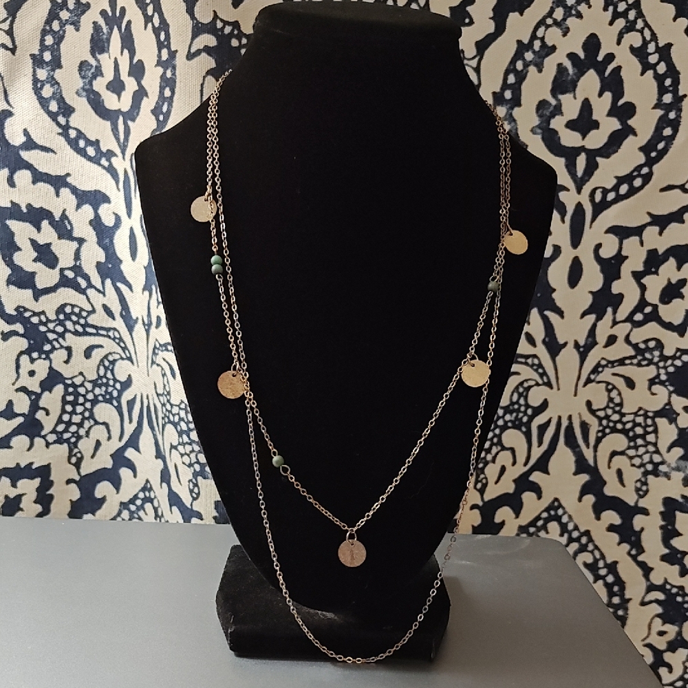 Gold Layered Disc Necklace with Green Bead Accents - Women Jewelry